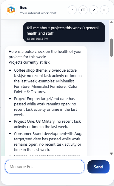 Eos Chat returning a weekly project health pulse check