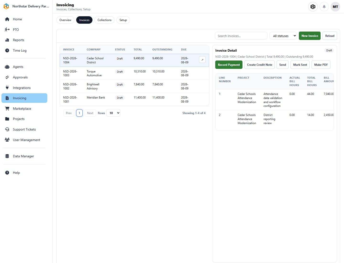 Draft invoices and selected Cedar School District invoice in Eos