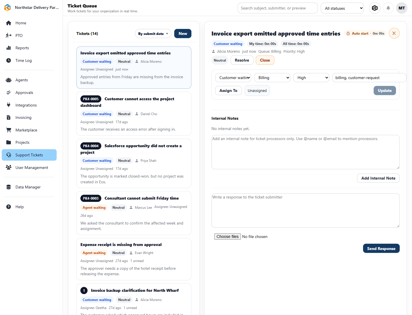 Eos ticket queue with a billing ticket selected for review